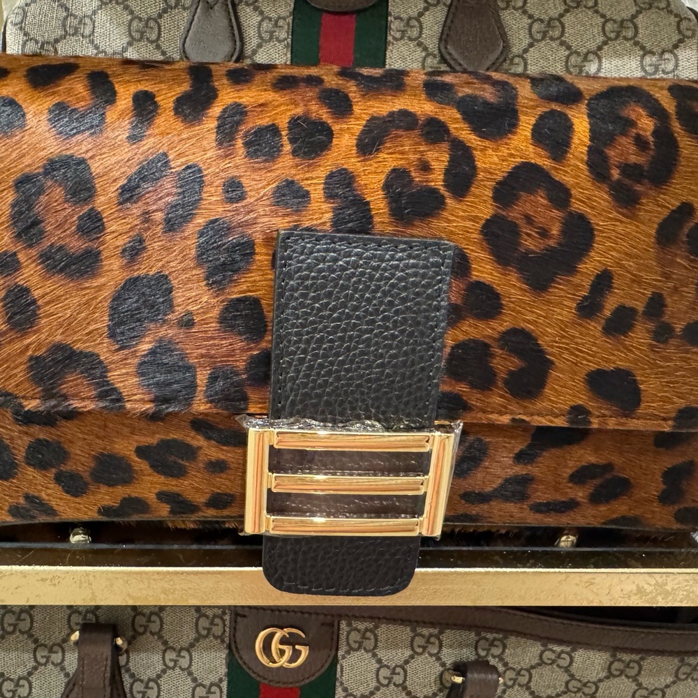 Leopard Print Clutch with Black Strap